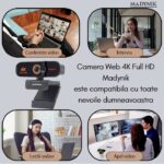 Camera Web Madynik™ 4K Full HD – Plug & Play, Rotație 360°, Unghi 130°, Microfon cu Reducere Zgomot, Kit Complet - imagine 12